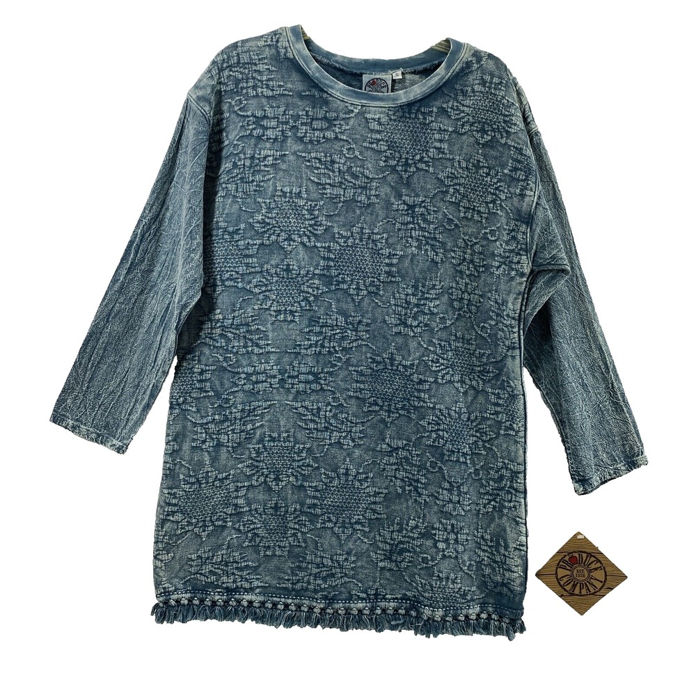 Produce Company Dress Womens Small Blue Laundered Cotton Fringe Bottom Shift NWT